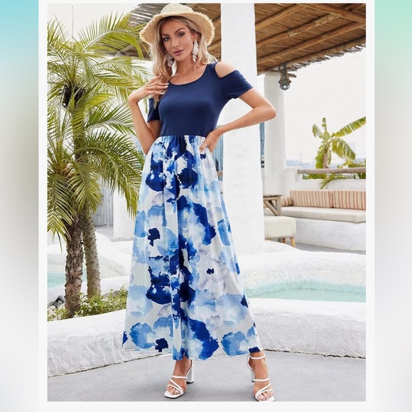 Large Summer Maxi Cold Shoulder Sundress with Pocket. - Picture 2 of 7